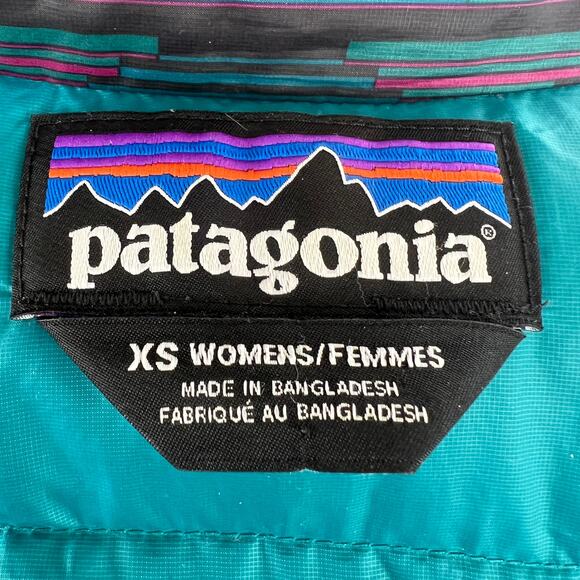 PATAGONIA Blue Pink Green Long Sleeve Zip Front Down Sweater Puffer Jacket XS - Picture 5 of 8